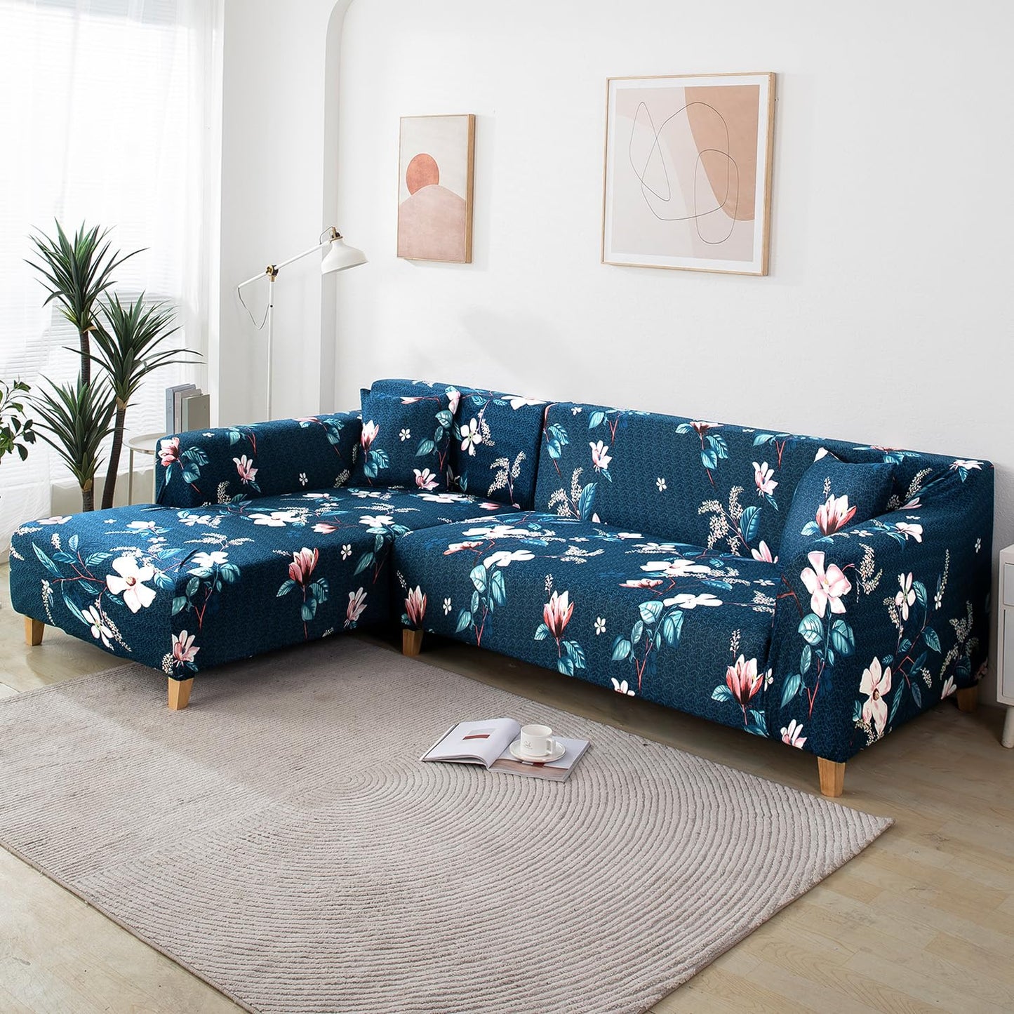 HOKIPO Stretchable Pack of 2 Cushion Cover 16x16, Blue Mixed Flowers