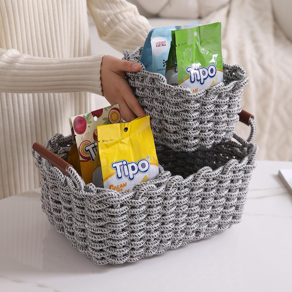 Eco-Friendly Thick Cotton Rope Storage Baskets Set of 3, Grey