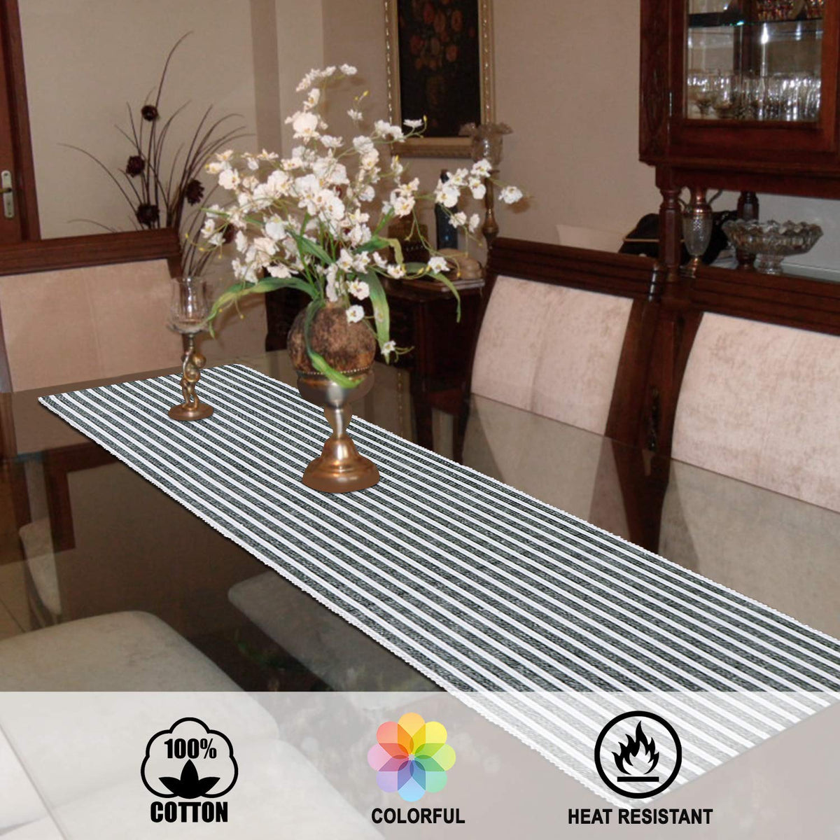 Buy Grey Colour Heat Resistant Eco-friendly Cotton Ribbed Dining Table Runner | HOKIPO