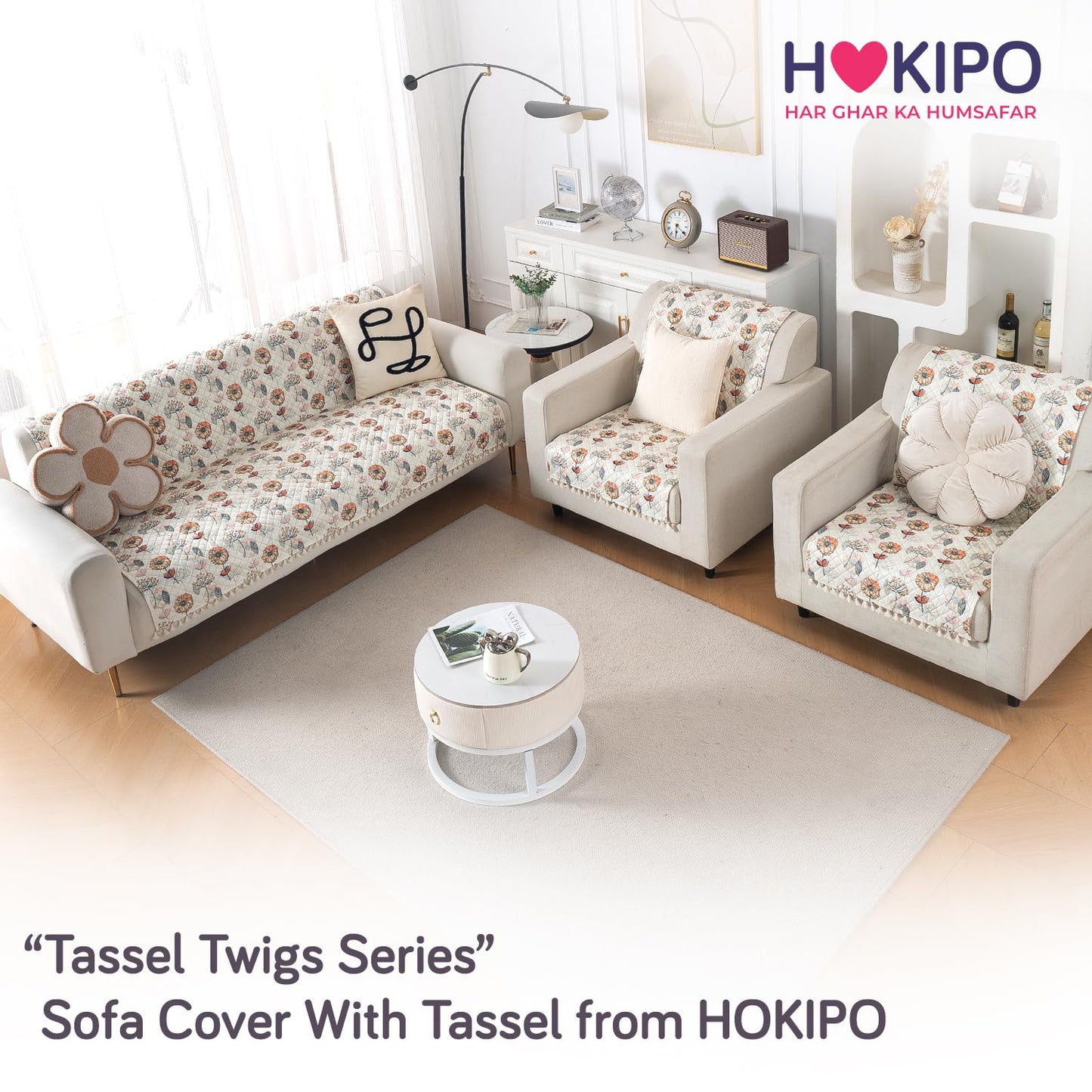 Quilted Sofa Cover 5-Seater Sofa Cover (3+1+1), Tassel Twigs | Wildflower Breeze