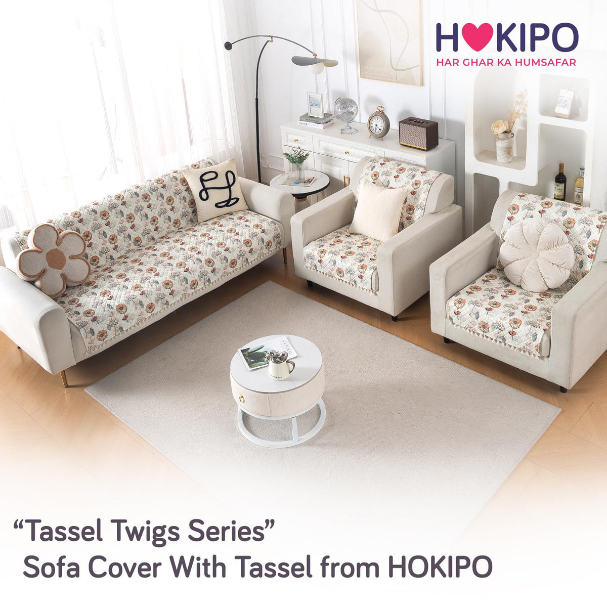 Quilted Sofa Cover 5-Seater Sofa Cover (3+1+1), Tassel Twigs | Wildflower Breeze