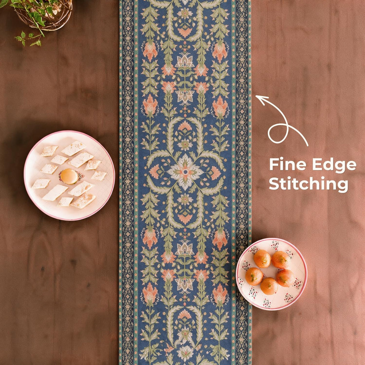 HOKIPO Floral Medallion Printed & Embroidered Table Runner, Midnight Blue - image 4