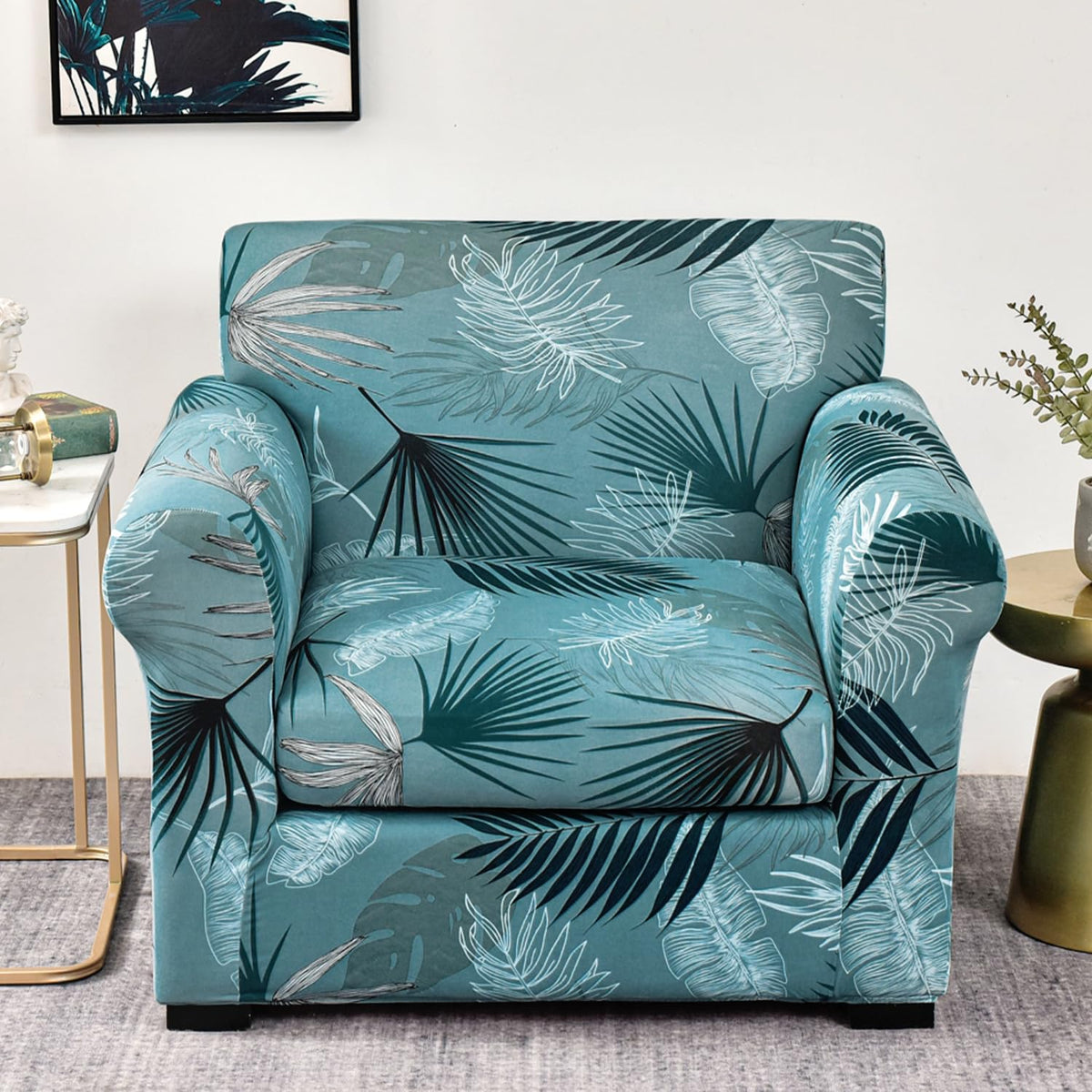 Printed Stretchable Sofa Slipcover with 1/2/3 Pc Separate Seat Cushion Cover for each 1/2/3 Seater, Aqua Palm Whisper