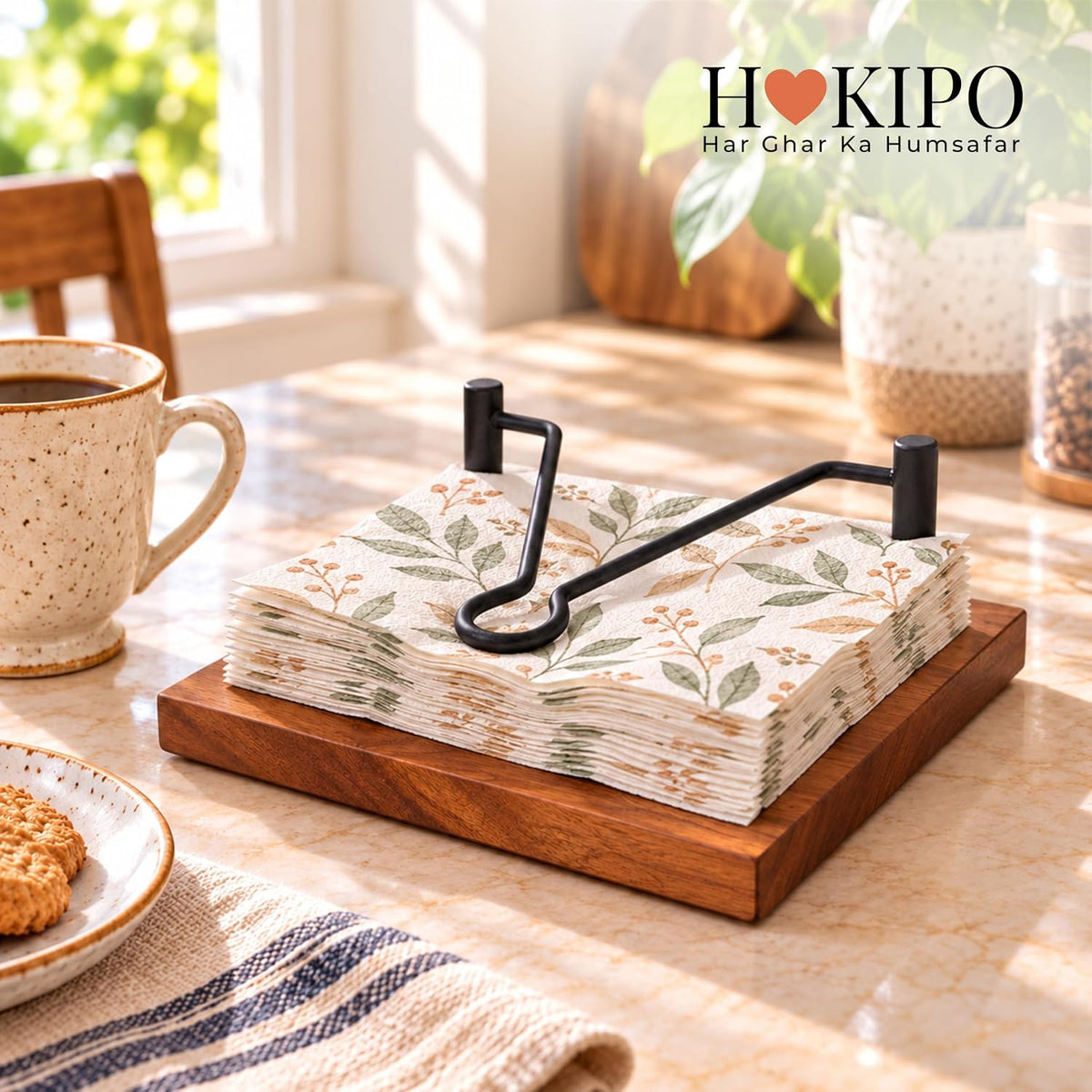 HOKIPO Arbor Acacia Wood Napkin Holder, Weighted Iron Arm, Tissue Holder - image 8