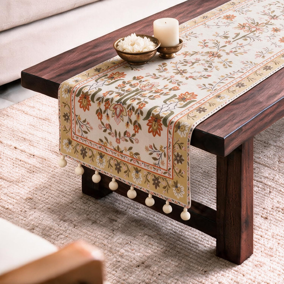 HOKIPO Garden Floral Printed & Embroidered Table Runner, Golden Tan - image 8