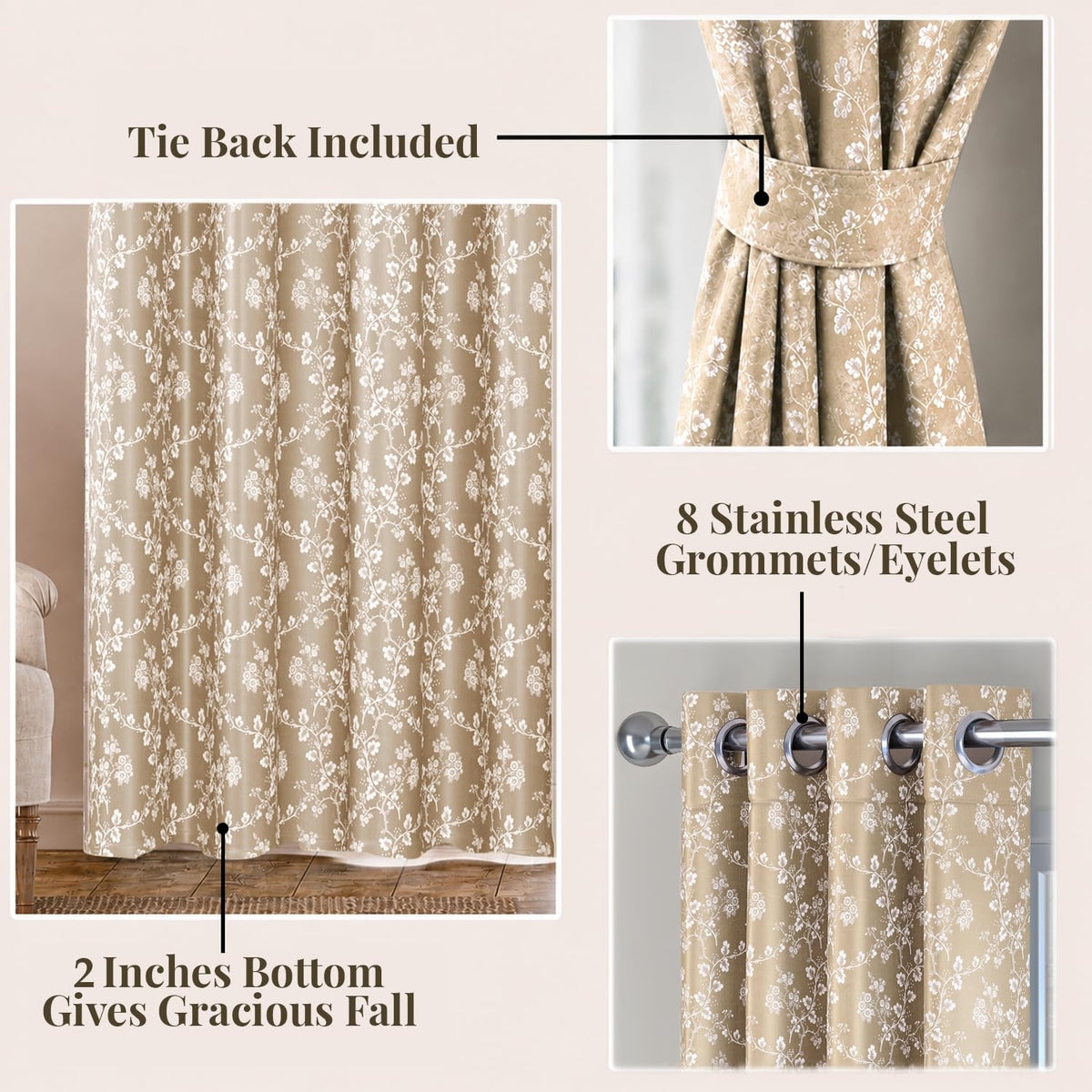 HOKIPO Bahaar Eyelet Curtains, 7 Feet Long - Champagne Beige - image 4