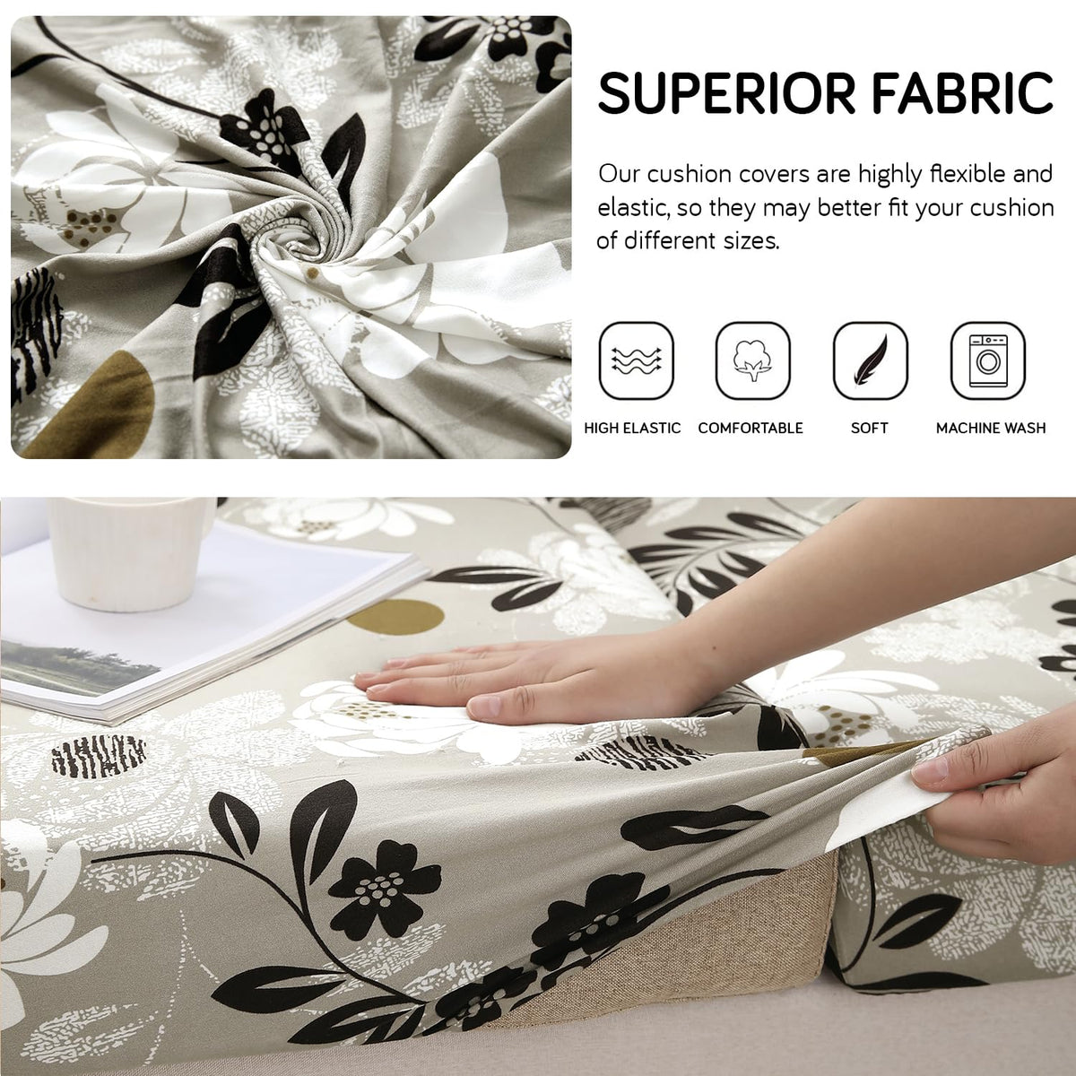 140 GSM Stretchable Printed Elastic Sofa Cushion Seat Cover for 1 /2 /3 Seaters / Pieces for Sofa, Feather Brown Floral