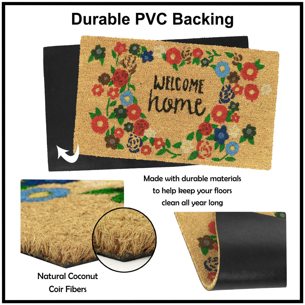 Large 45X75Cm Coir Doormats For Entrance With Antiskid Pvc Backing, Multicolor ( Rectangular)