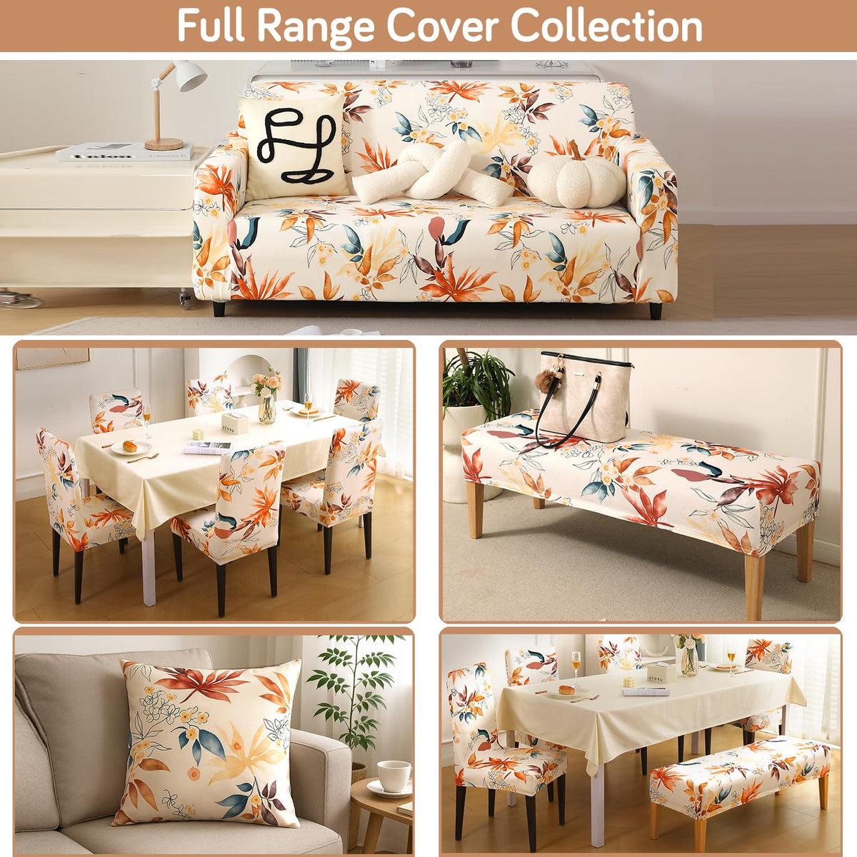 Premium Printed Velvet Elastic Dining Bench Cover, Amber Serene Flora
