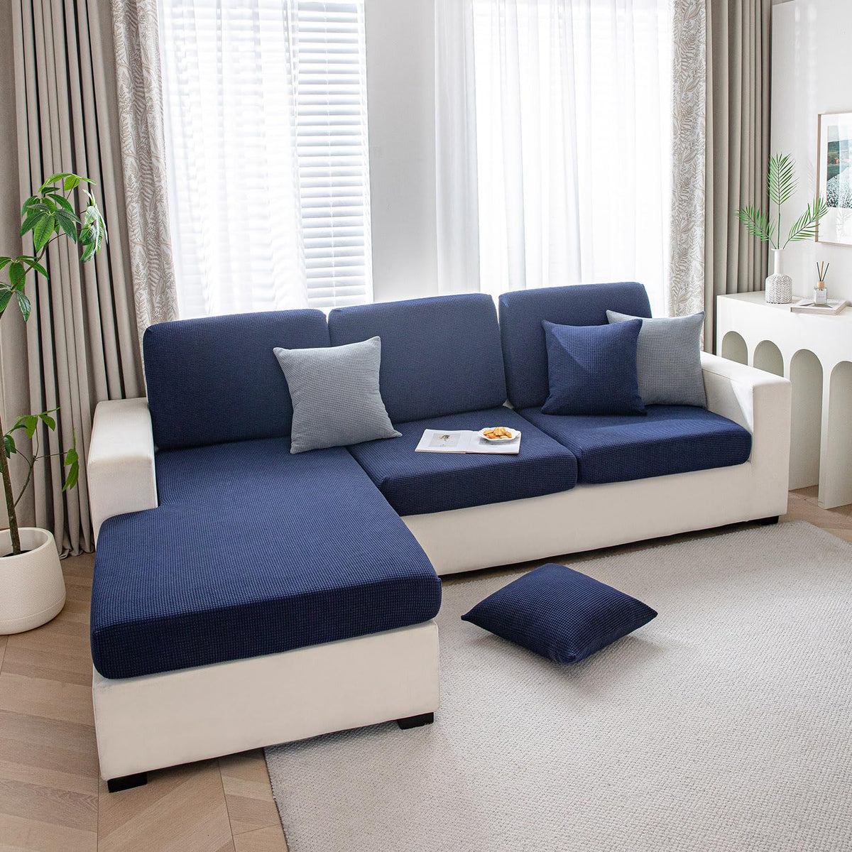 Stretchable Thick Jacquard Textured Seat Cushion Cover for 1/2/3 Seaters / Pieces for Sofa, Navy Blue