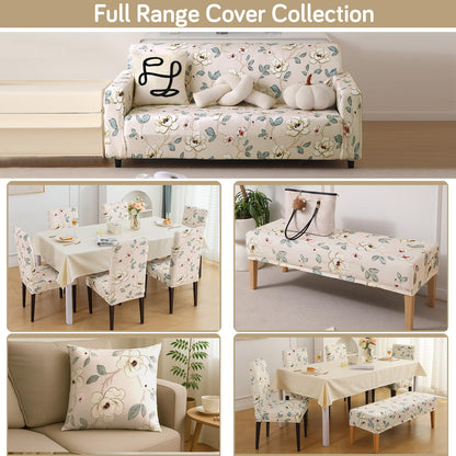 Premium Printed Velvet Stretchable Dining Bench Slipcover, Buttercream Magnolia Whisper