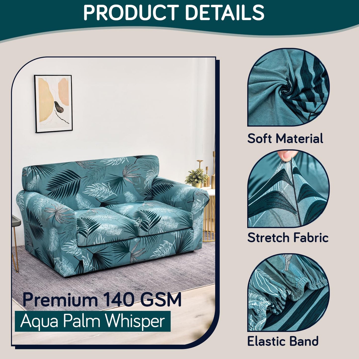 Printed Stretchable Sofa Slipcover with 1/2/3 Pc Separate Seat Cushion Cover for each 1/2/3 Seater, Aqua Palm Whisper