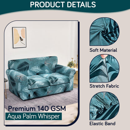 Printed Stretchable Sofa Slipcover with 1/2/3 Pc Separate Seat Cushion Cover for each 1/2/3 Seater, Aqua Palm Whisper
