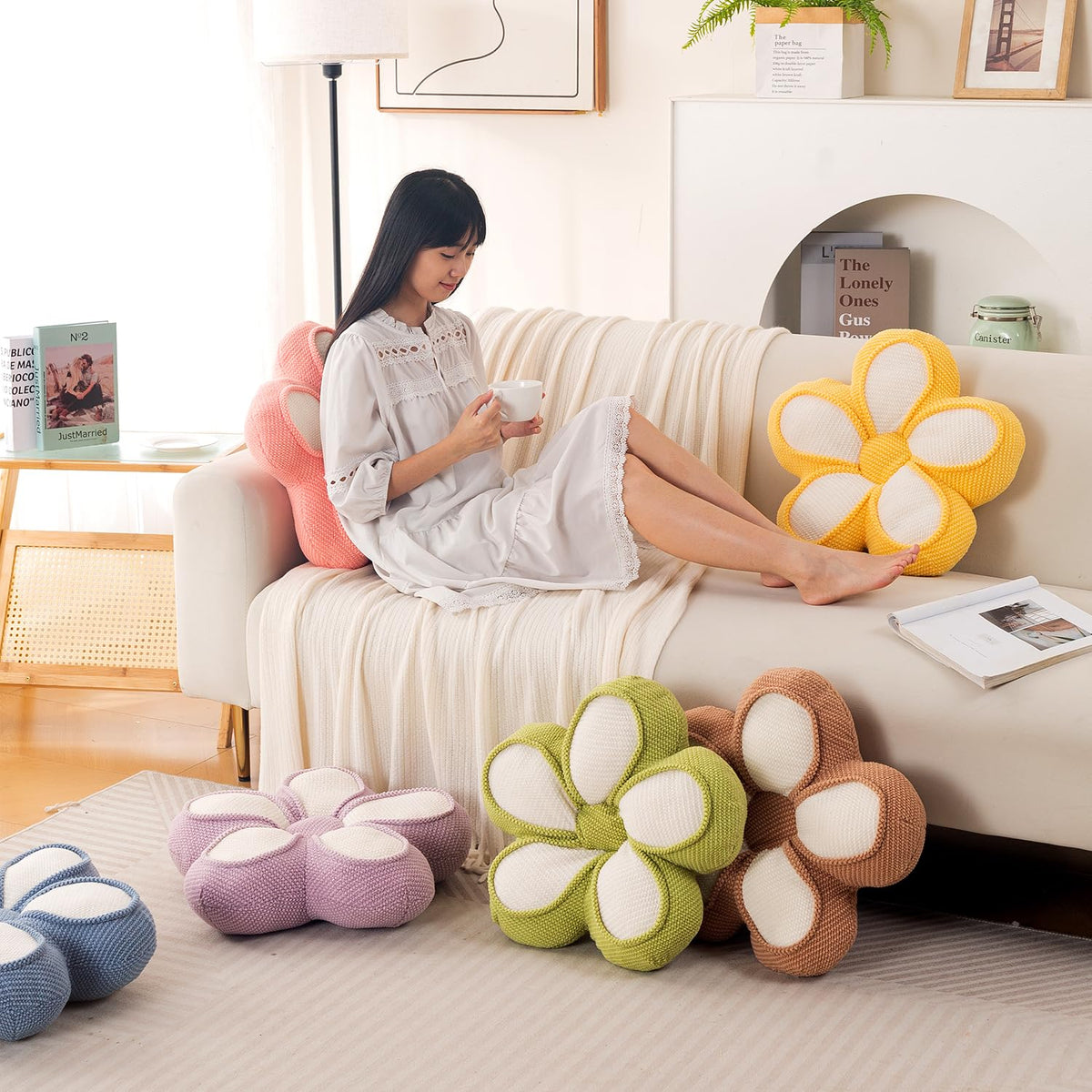 HOKIPO Daisy Petal Flower Cushion for Sofa & Bed, 47 cm, Green