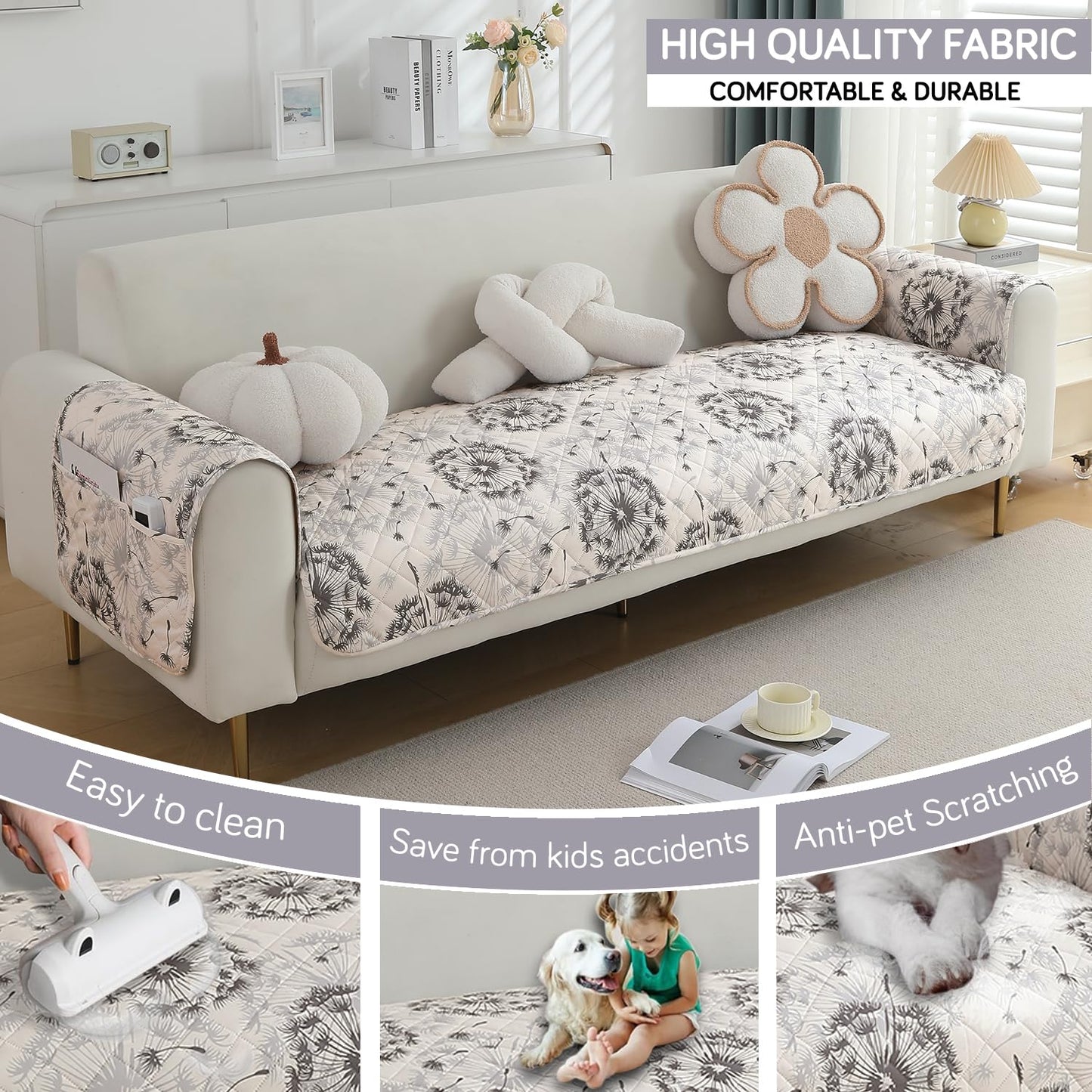 HOKIPO Quilted Waterproof Sofa Seat Mat with 2 Armrest Covers with Pockets, Dandelion Anchor Grey