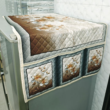 Eternal Floral Printed Quilted Fridge Top Cover with side Pockets - Ivory Luxe