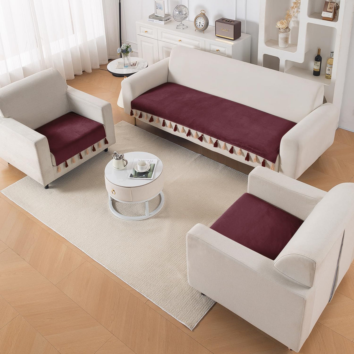 Premium Holland Velvet 5-Seater Sofa Cover (3+1+1), TasselTone Series | Wine Red