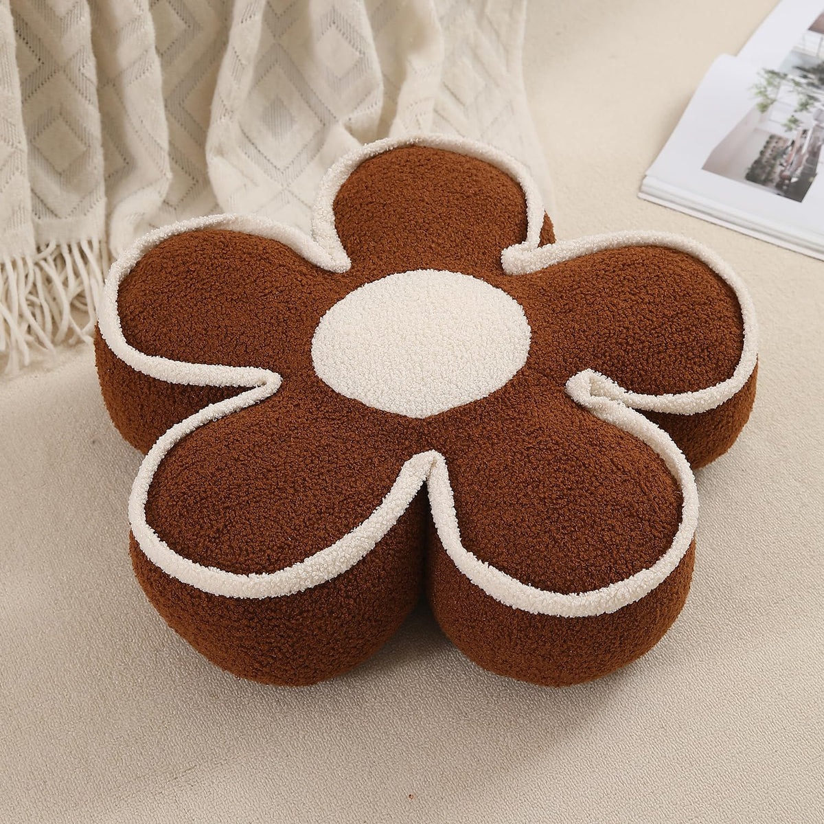 HOKIPO Plush Cotton Flower Cushion | Decorative Throw Pillow for Bed & Sofa - Chocolate Brown