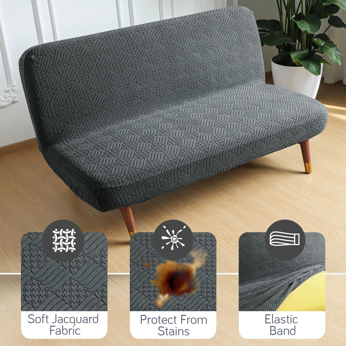 Buy Dark Grey Colour Soft Jacquard Elastic Armless Sofa Cover | HOKIPO