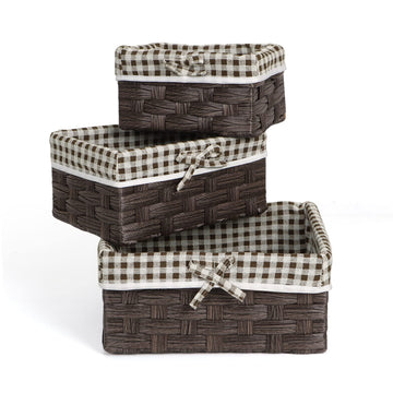 Handwoven Imitation Rattan Wicker Rectangular Basket For Home, Office, Wardrobe. Pack Of 3, Copper Brown