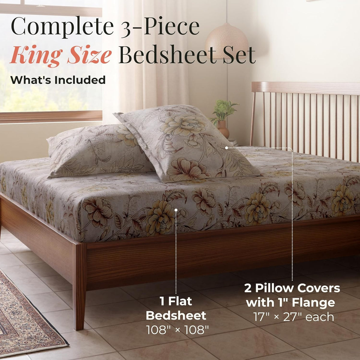 HOKIPO King Size Cotton Bedsheet, 2 Pillow Covers, Chestnut & Mustard - image 6