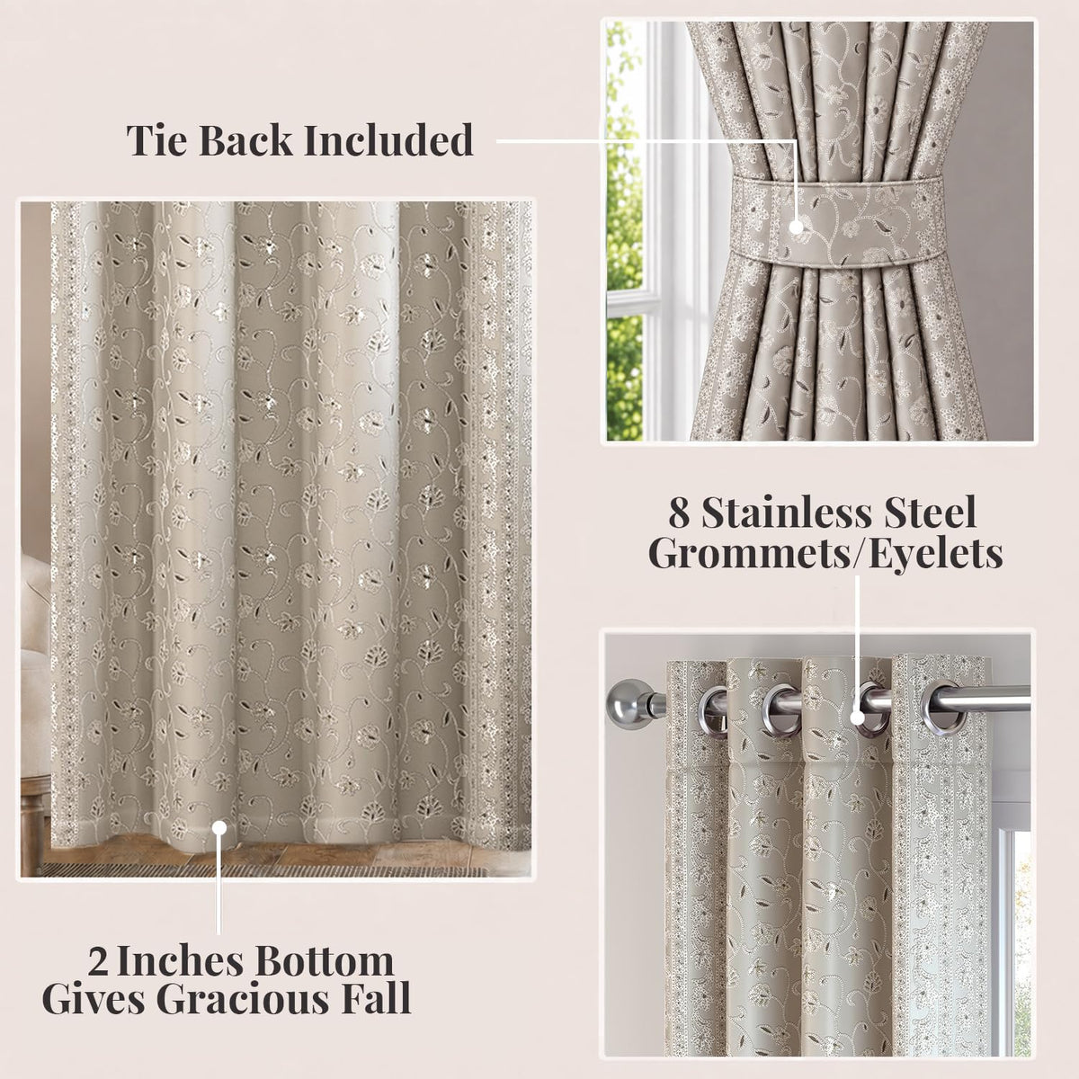 HOKIPO Shahi Bagh Eyelet Curtains, 7 Feet Long - Taupe - image 4