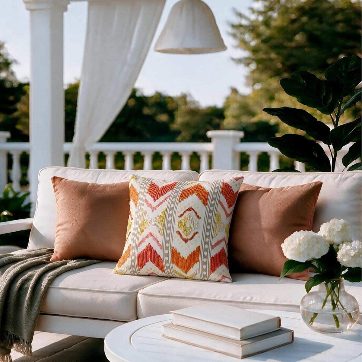 HOKIPO Printed Cushion Cover with Embroidery, Boho Chevron Jasper Orange, 16 x 16 in - image 7
