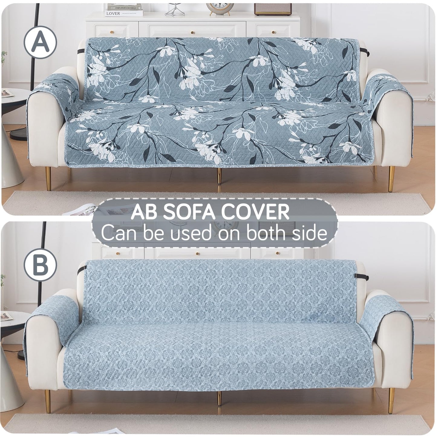 Easy Drape Reversible Quilted 5-Seater Sofa Cover (3+1+1), Blue Blossom
