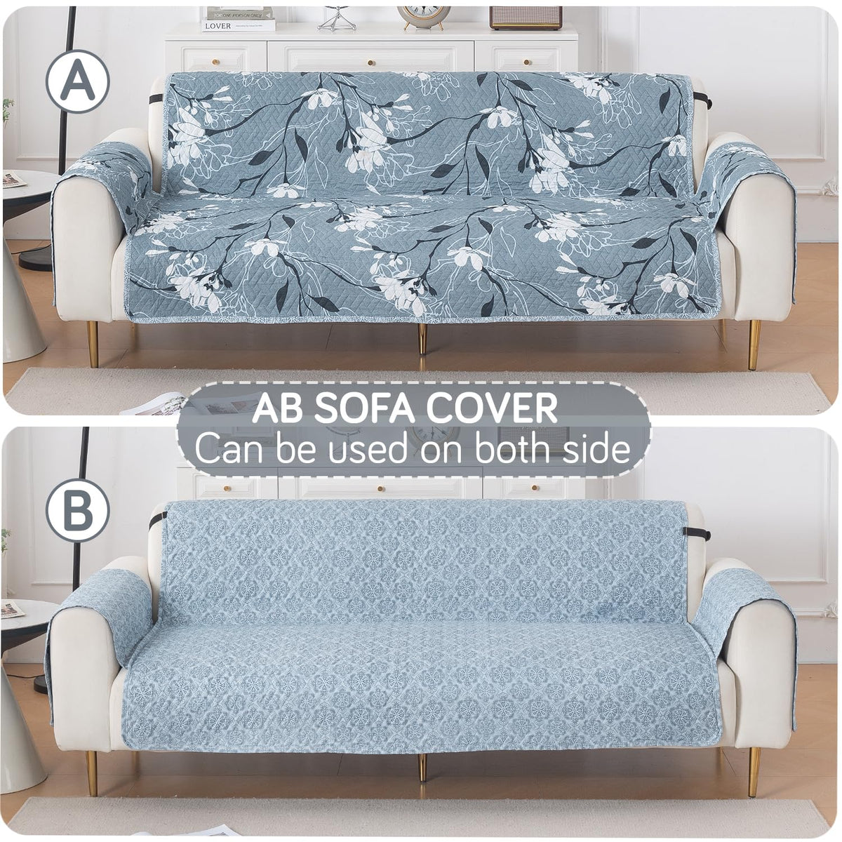 Easy Drape Reversible Quilted 5-Seater Sofa Cover (3+1+1), Blue Blossom
