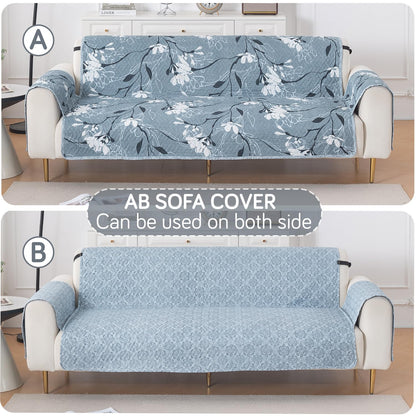 Easy Drape Reversible Quilted 5-Seater Sofa Cover (3+1+1), Blue Blossom