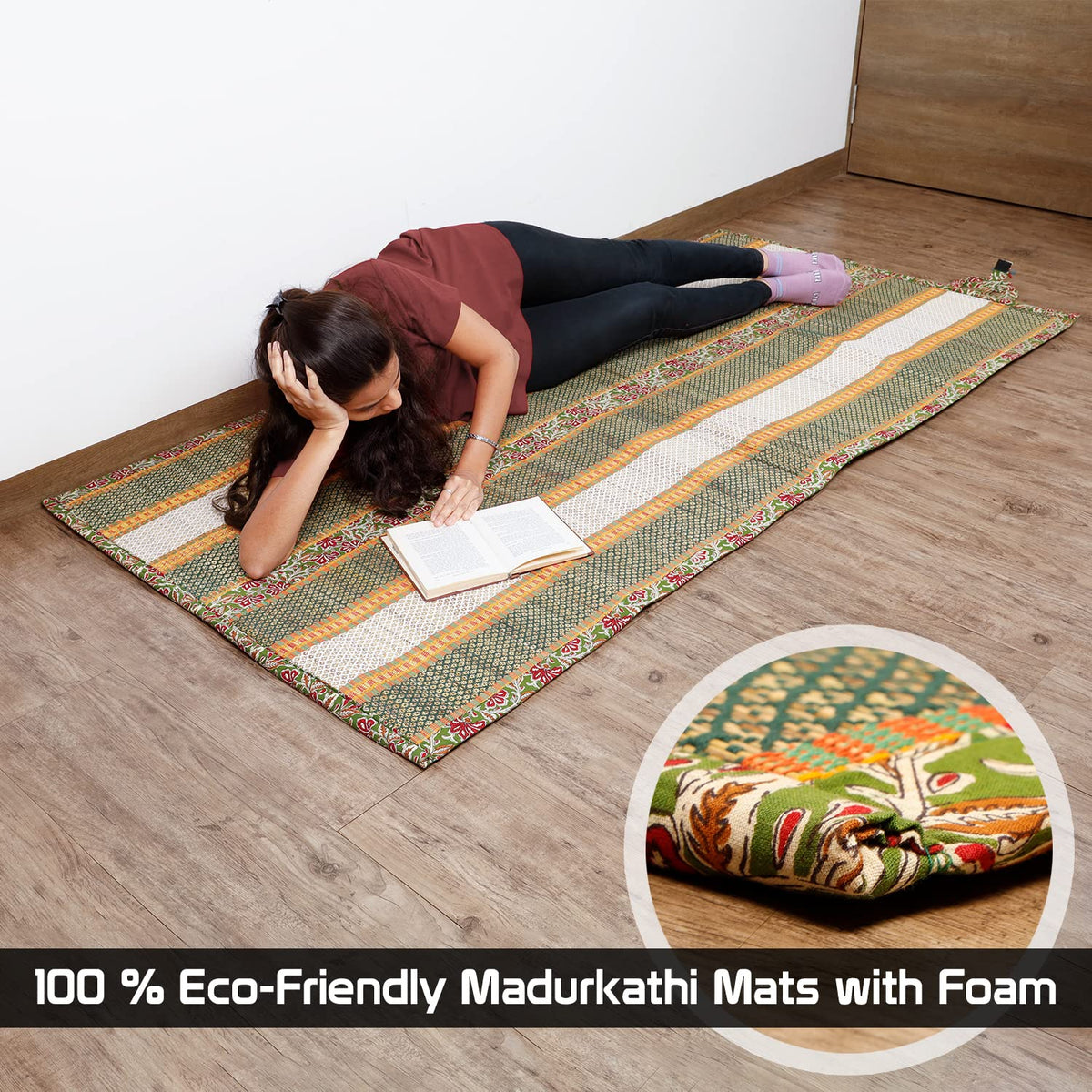 Green Colour Comfortable Madurkathi chatai mat with foam, eco-friendly handcrafted design for reading and relaxation.