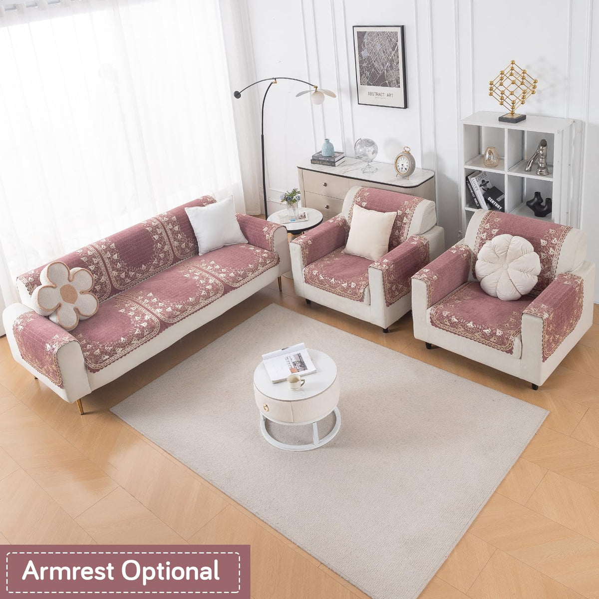 Royal Aangan Premium Chenille Jacquard Sofa Cover 5 Seater Set 3+1+1 Sofa Cover for Seat & Back, Gulabi Jaal