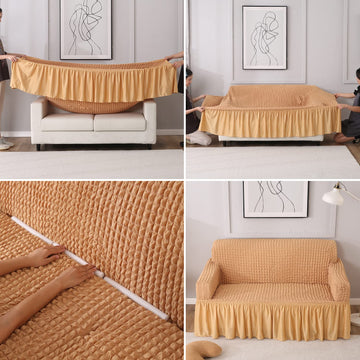 How to put Light Brown stretchable Turkish Bubble frill sofa cover guide