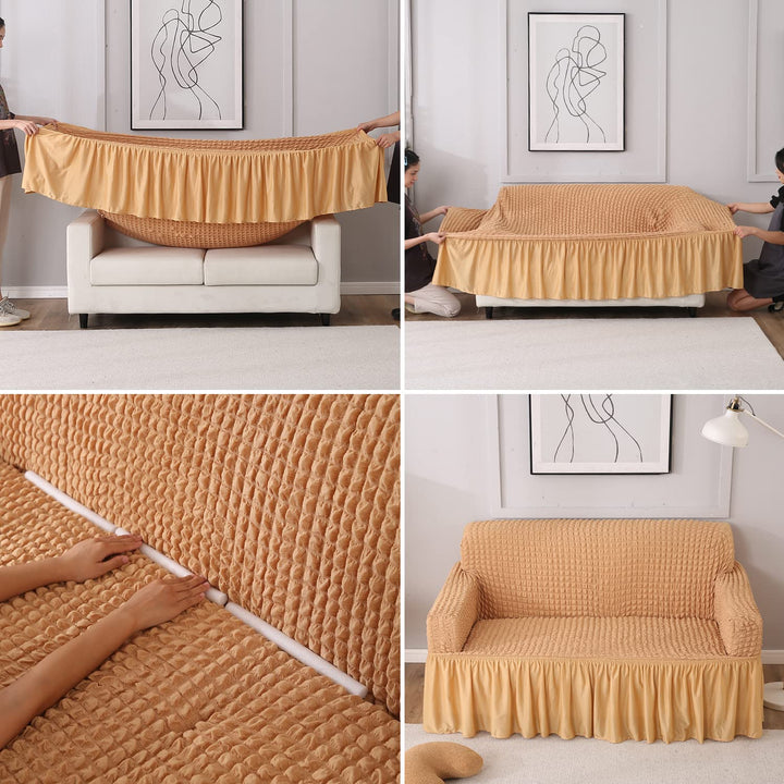 How to put Light Brown stretchable Turkish Bubble frill sofa cover guide