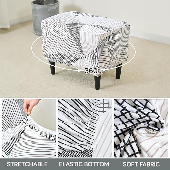 Stretchable 140 GSM Footstool Cover, Snow White Black Geometry