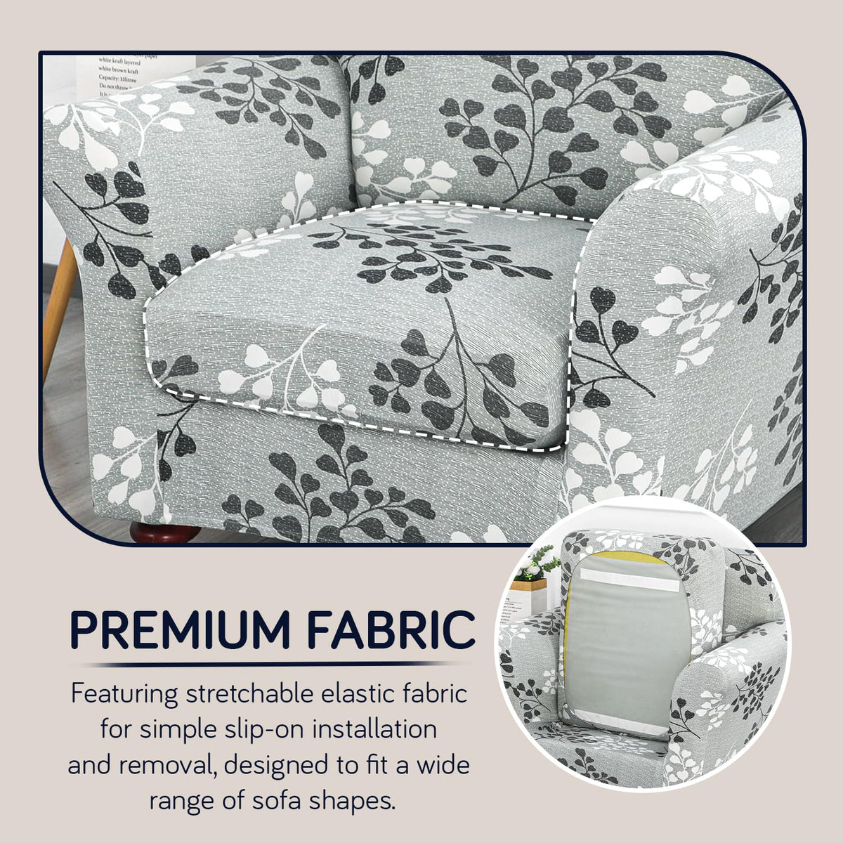 Printed Stretchable Sofa Slipcover with 1/2/3 Pc Separate Seat Cushion Cover for each 1/2/3 Seater, Grey Misty Branches