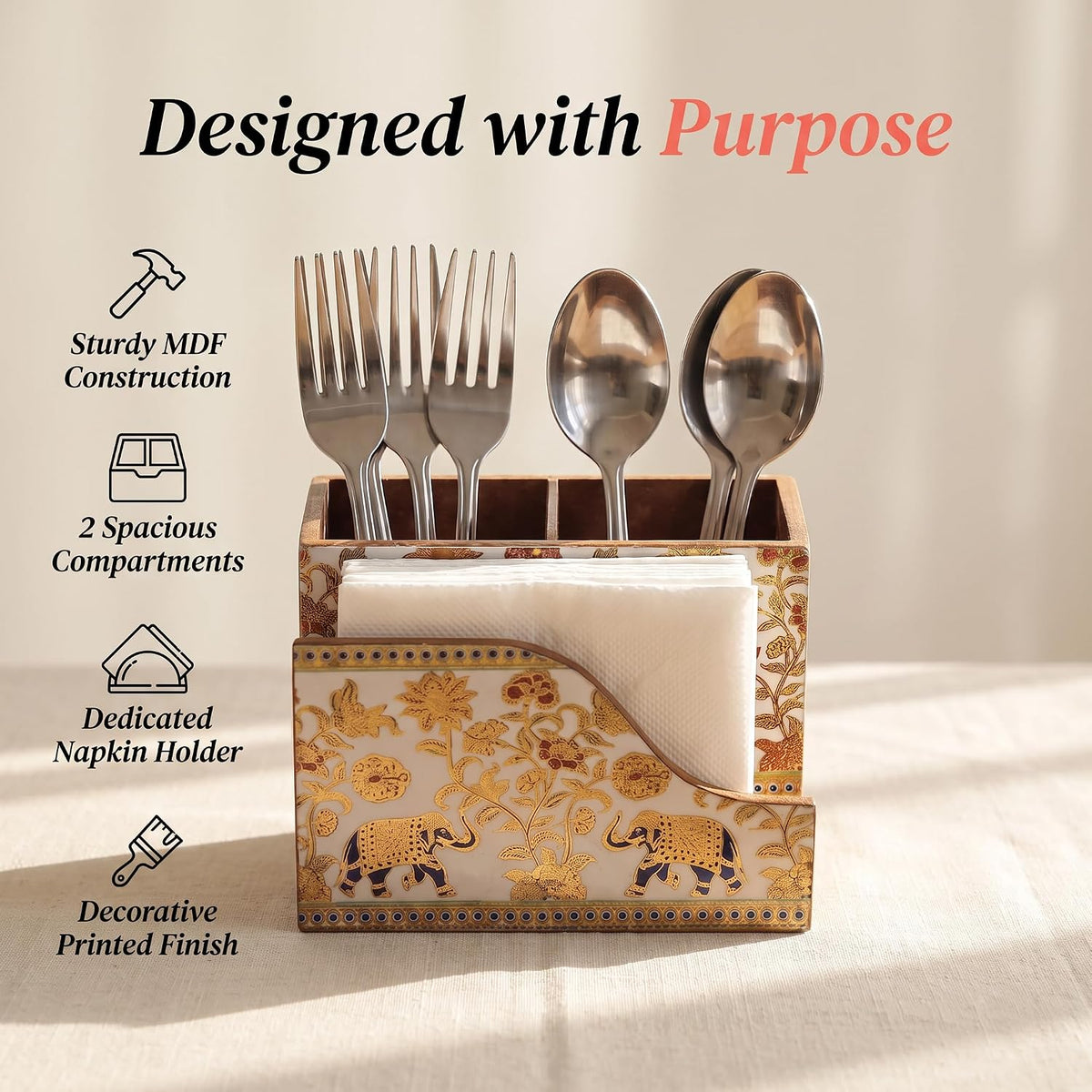 HOKIPO Cutlery Holder with Napkin Stand, Engineered Wood, Royal Gulistaan - image 2