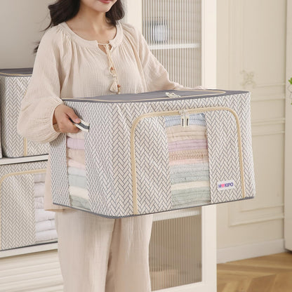 Wardrobe Organizer Storage Box | Foldable Cloth Storage Boxes with Metal Frame & Window | 600D Oxford Fabric, Cream Mist