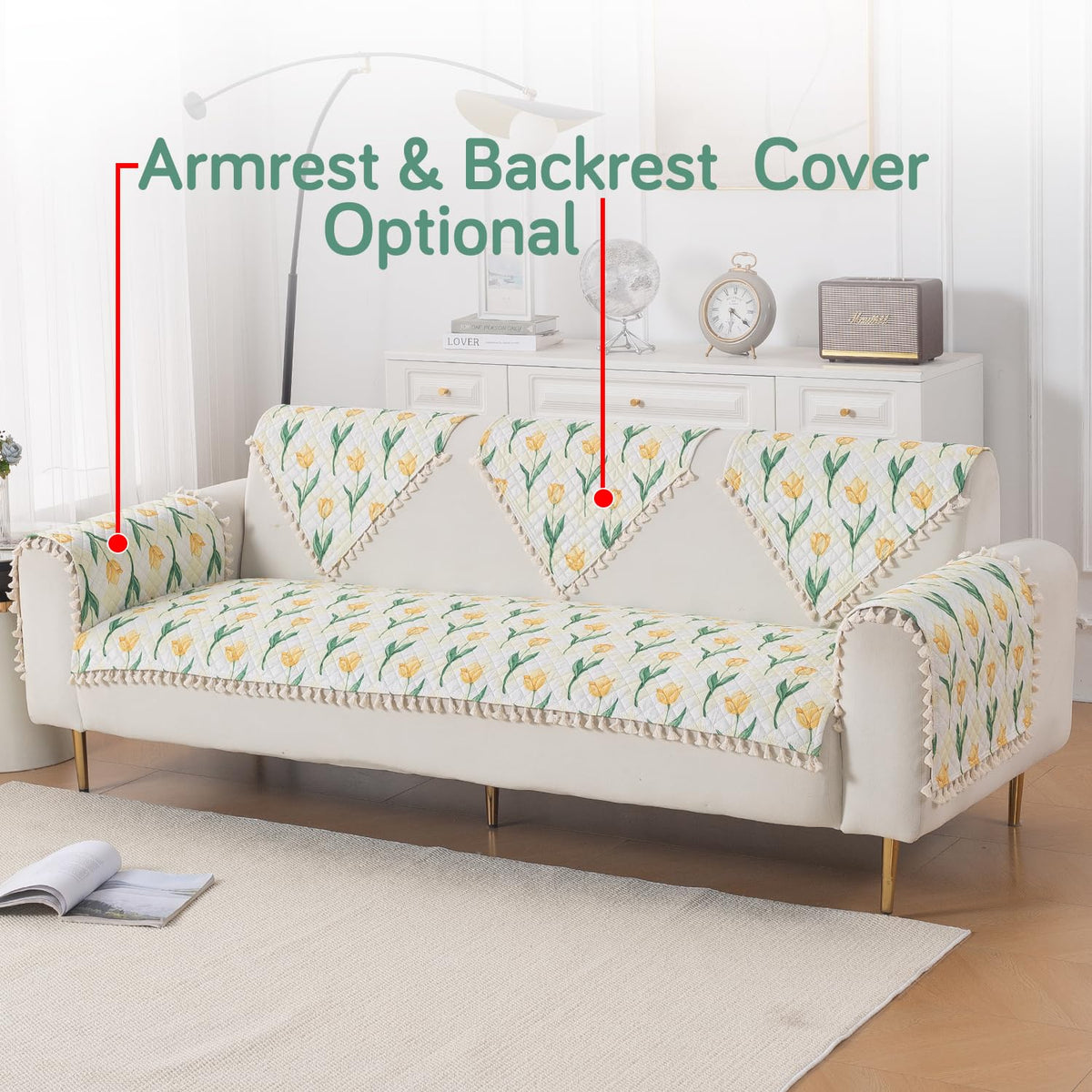 Quilted Sofa Seat Mat for 5-Seater Sofa (3+1+1), Tassel Twigs | Tulip Blossom