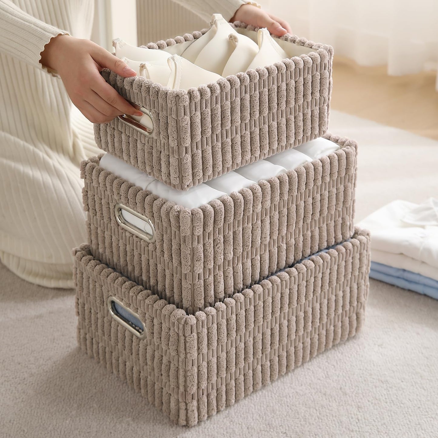 Plush Storage Organizer Baskets for Storage, Set of 3, Light Brown