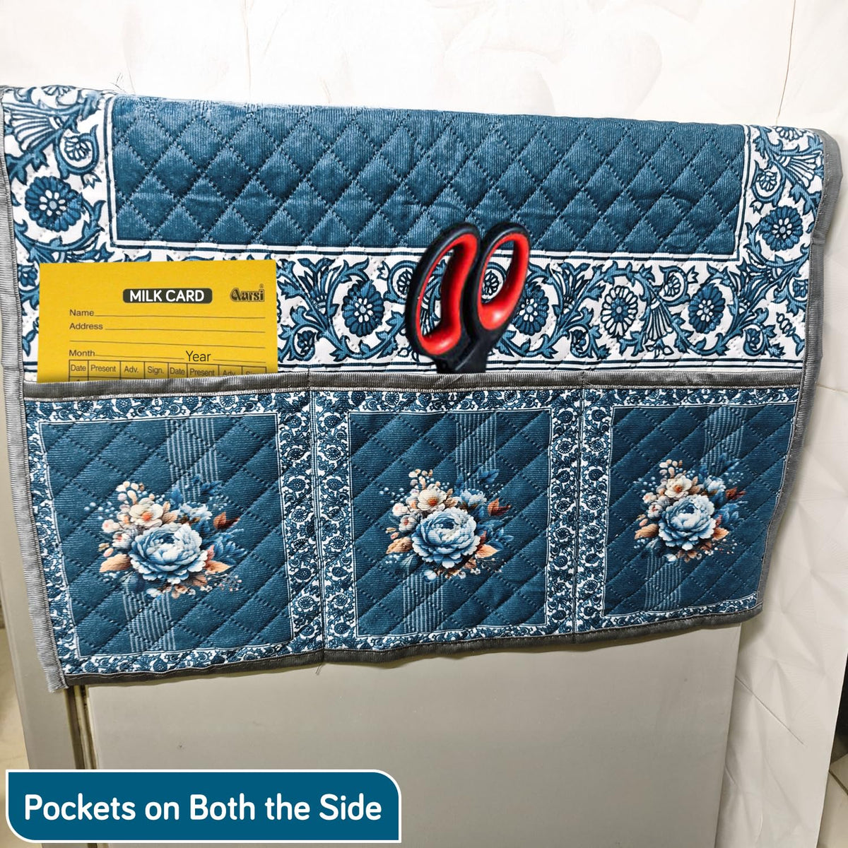Eternal Floral Printed Quilted Fridge Top Cover with side Pockets - Ocean Blossom