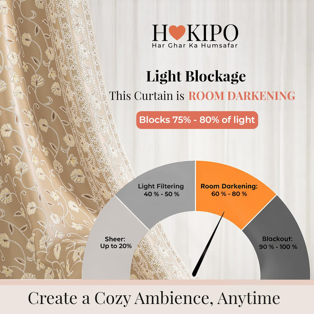 HOKIPO Shahi Bagh Eyelet Curtains, 7 Feet Long - Sand Beige - image 5