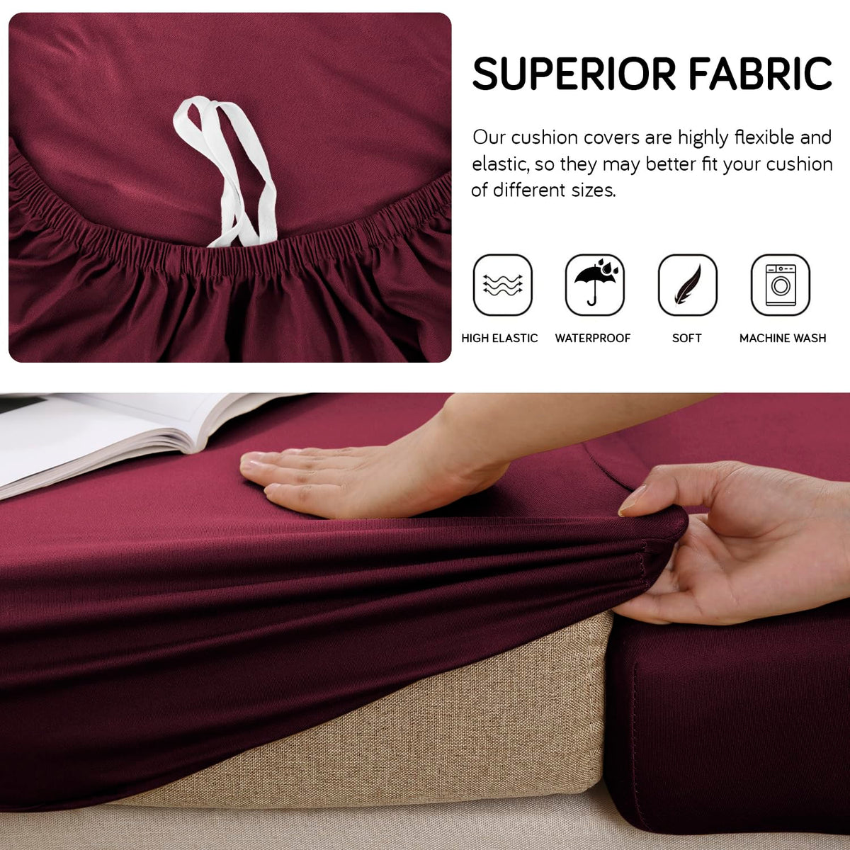 100% Waterproof Stretchable Seat Couch Cushion Cover for 1/2/3 Seater, Maroon