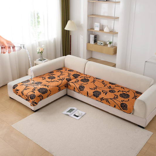 HOKIPO Waterproof Printed Quilted Quick Dry L Shape Sofa Seat Cover Mat, Copper Brown Floral