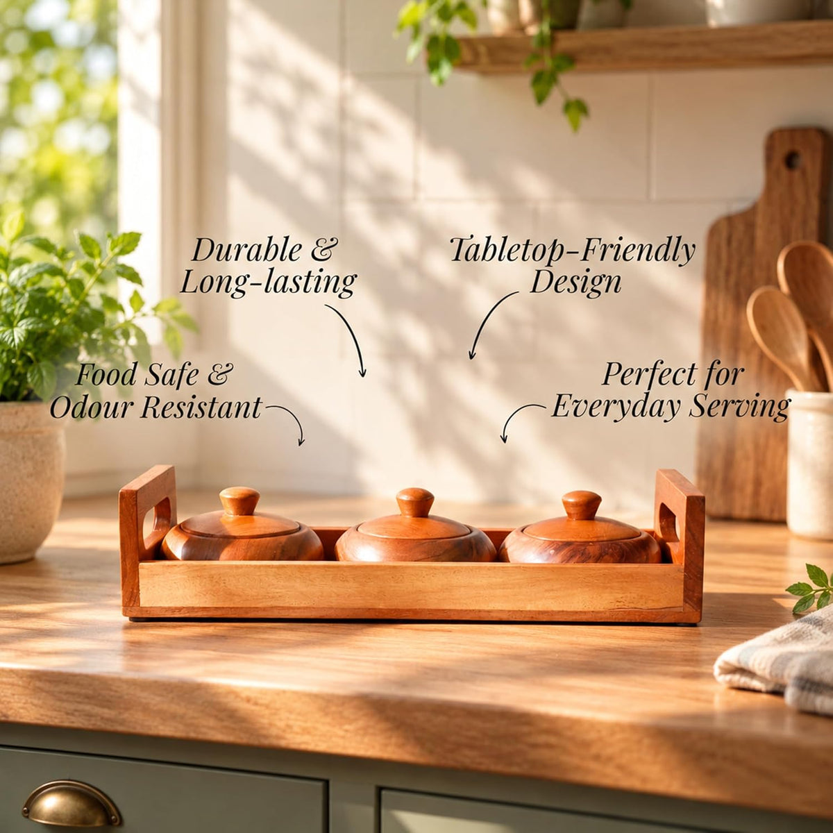 HOKIPO Arbor Acacia Wood Spice Jar Set with Tray, 3 Jars, Masala Box - image 4