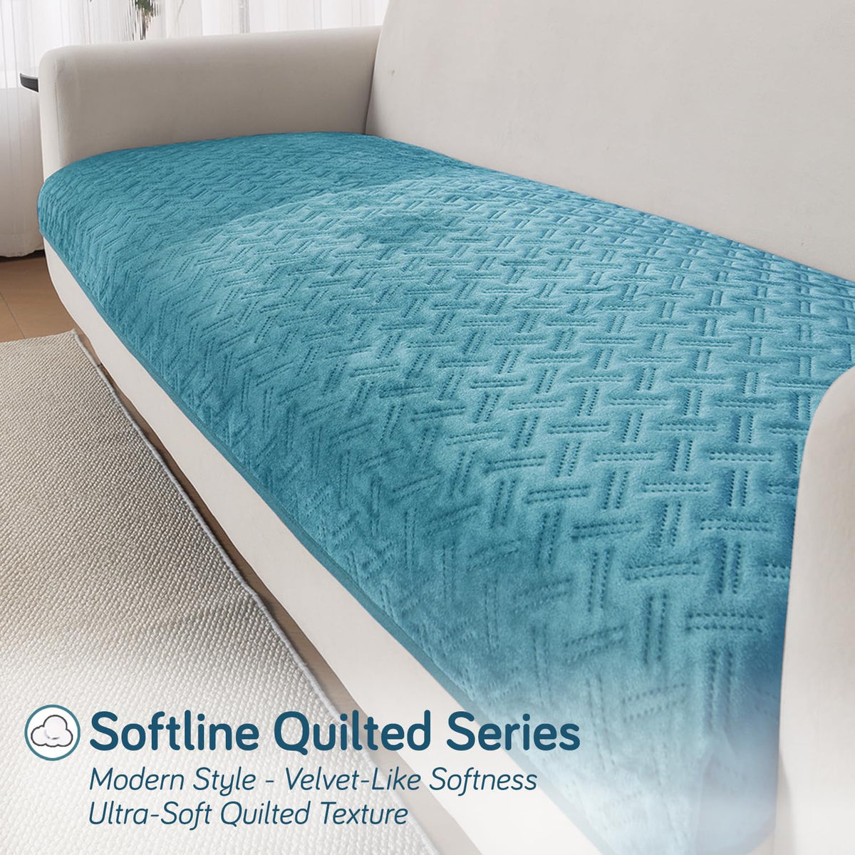 Premium Velvety Quilted Softline 5-Seater Sofa Cover (3+1+1), Teal Blue