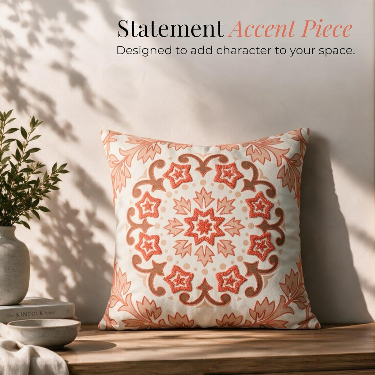 HOKIPO Bouclé Embroidery Cushion Cover , Coral Red, 16 x 16 in - image 5
