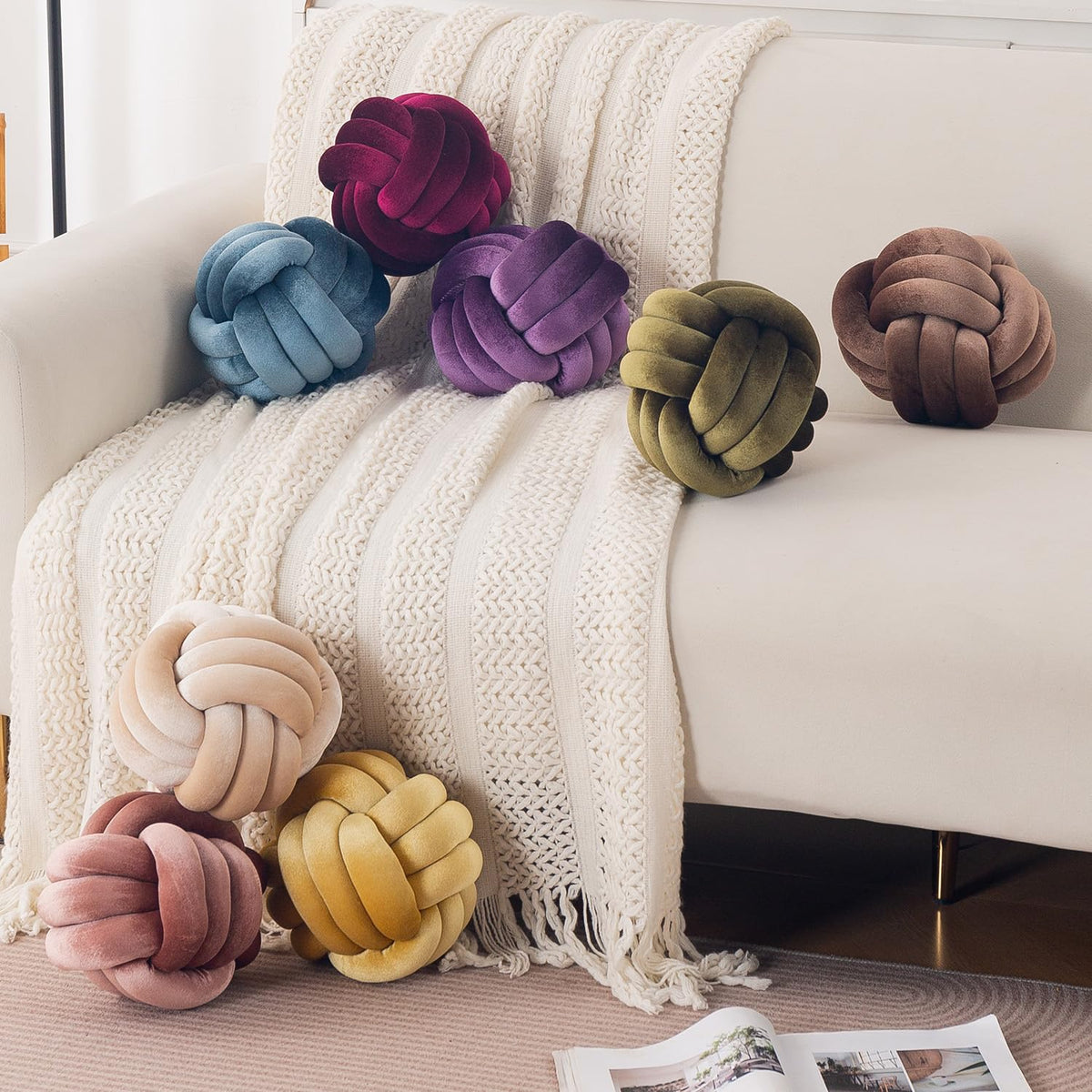 HOKIPO Velvet Knot Ball Cushion for Sofa & Bed, 20 cm, Cream