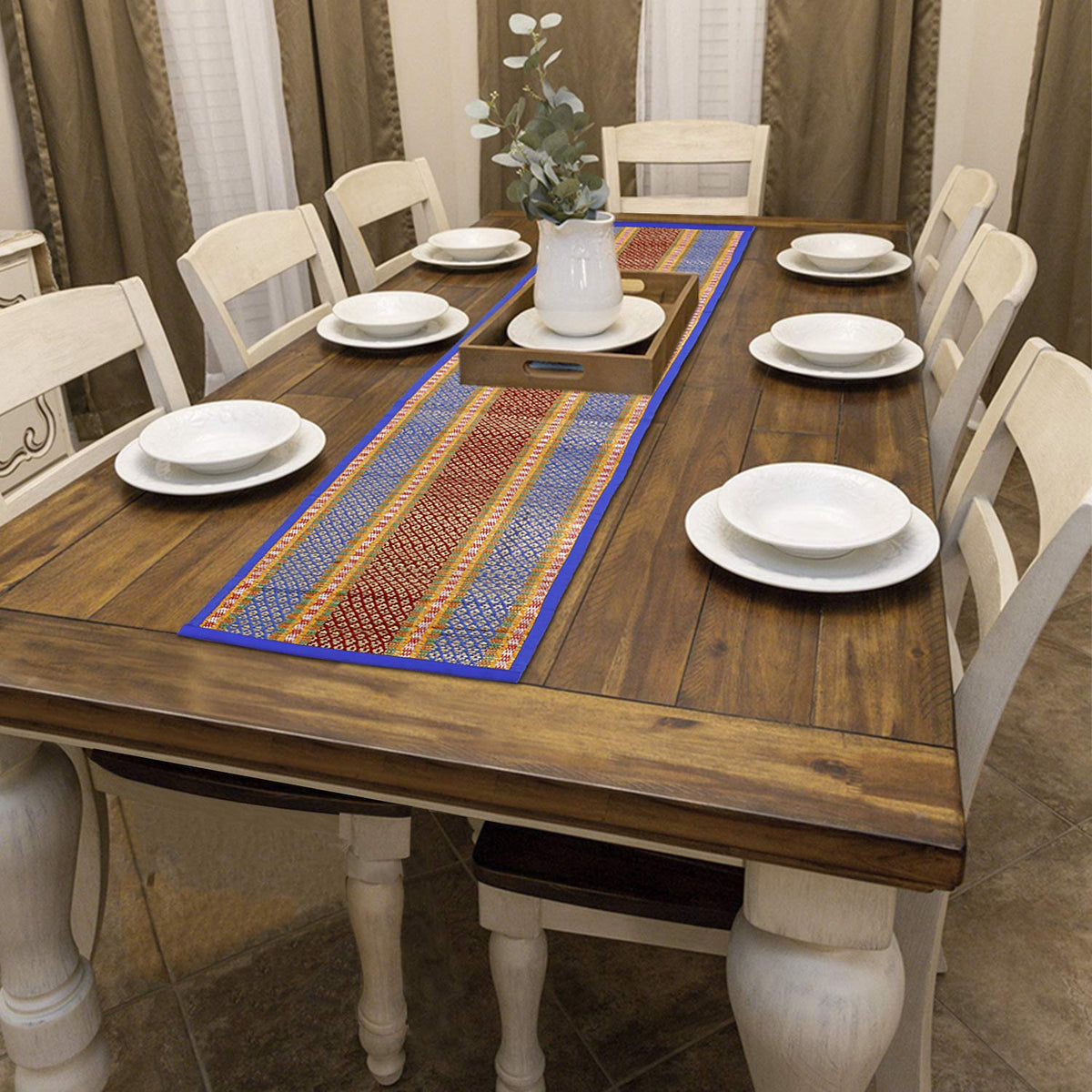 Buy Blue Colour natural handmade Madurkathi table runner for 6 seater tables | HOKIPO