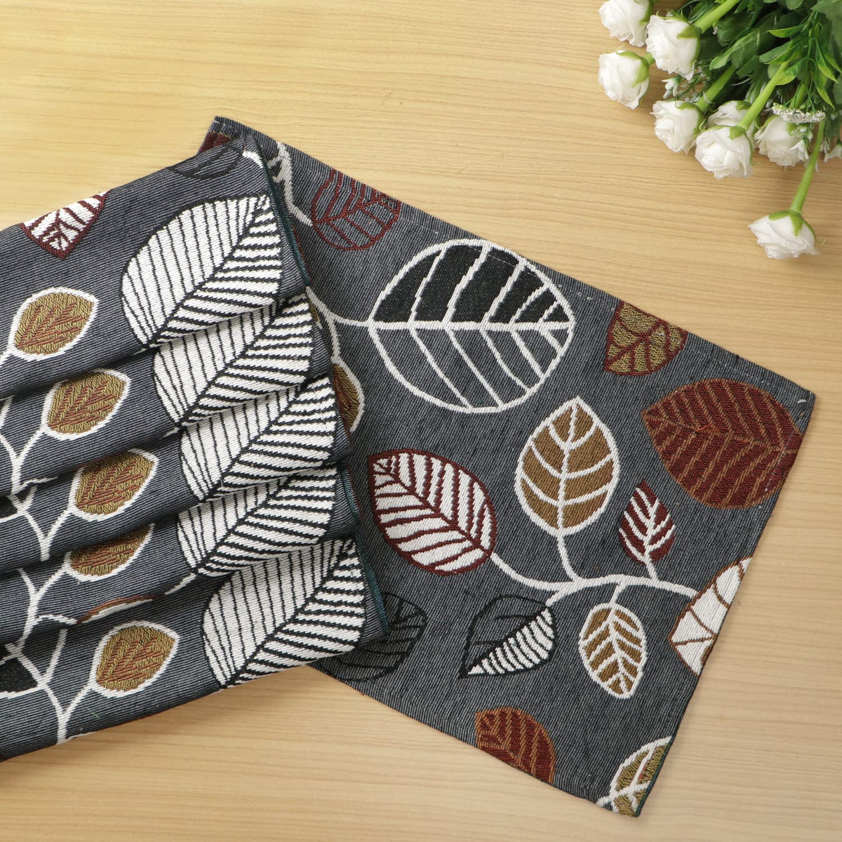 Cotton Jacquard Dining Table Mats, Grey Leaves